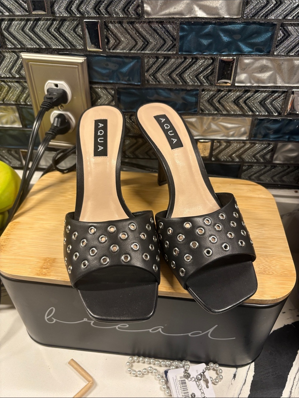 Aqua Black Eyelet Slide Heels